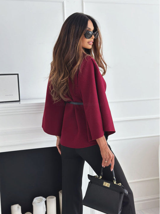 Dames Batwing Cloak Top | Met Riem en Staande Kraag | Losse Mantelstijl voor Casual en Chique Gelegenheden