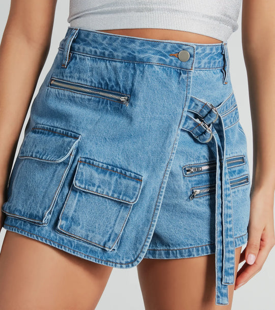 Coolste Deets Wrap-Front Denim Cargo Skort