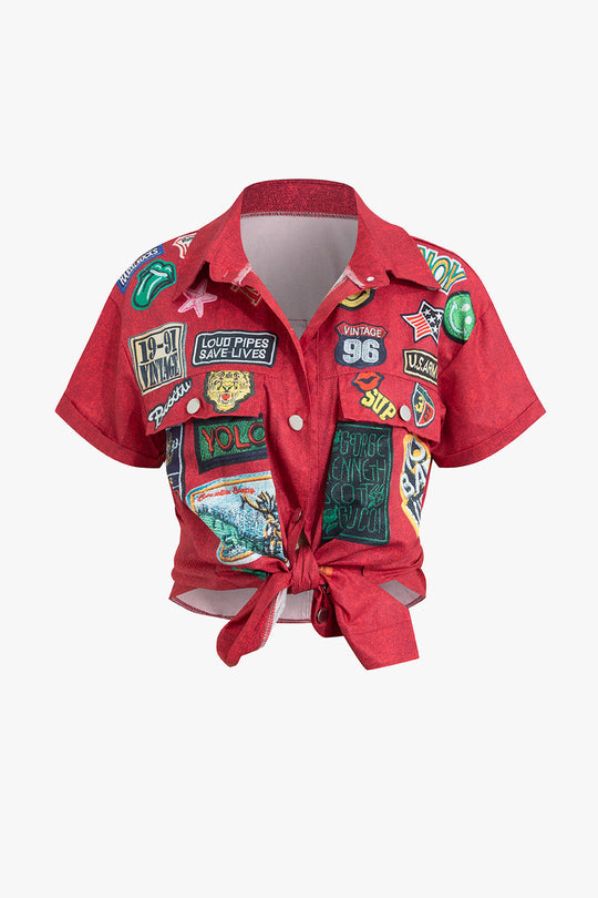 Yelena - Trendy Knoop Voorkant Gedrukt Dames Cropped Shirt