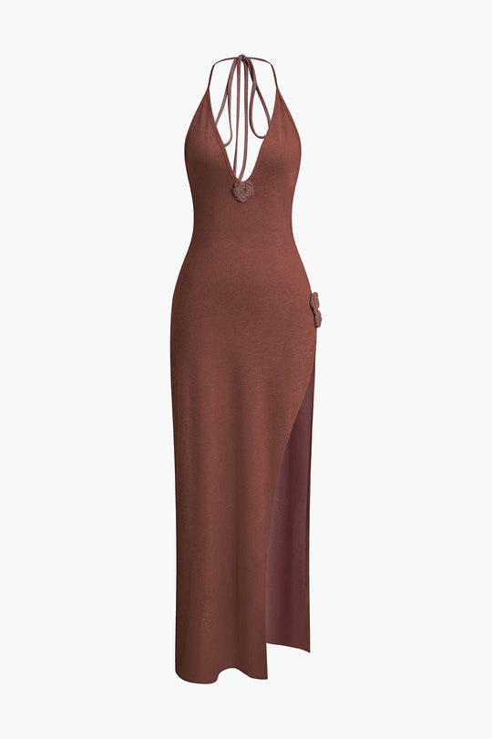 3D Bloem V-Hals Rugloos Split Maxi Jurk
