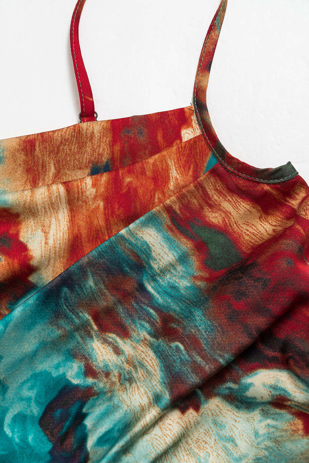 Aquarel Print Satijnen Rimpel Drawstring Slip Mini Jurk