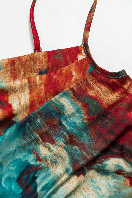 Aquarel Print Satijnen Rimpel Drawstring Slip Mini Jurk