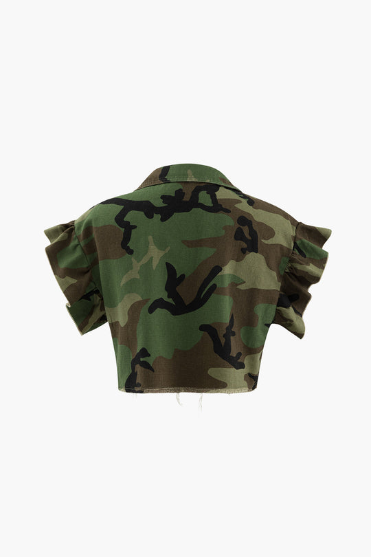 Winslet - Trendy Camo Crop Ruffle Dames T-shirt