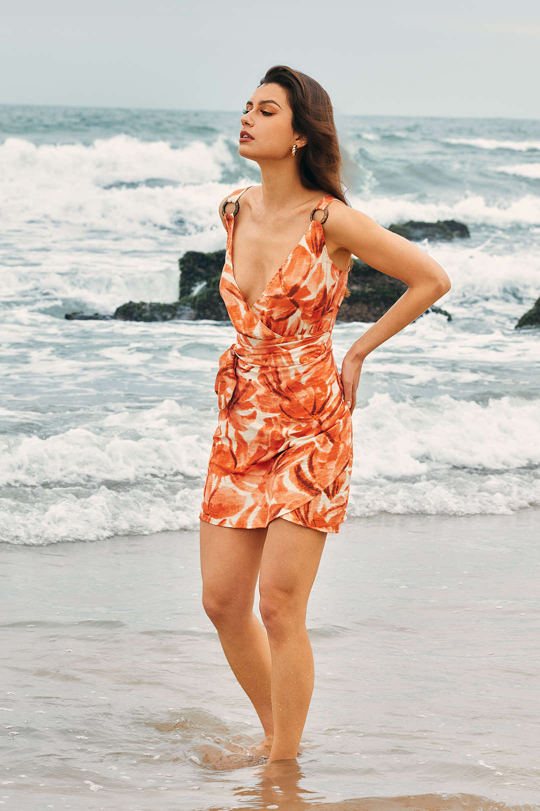 Abstracte Print Knoop V-Hals Mini Jurk