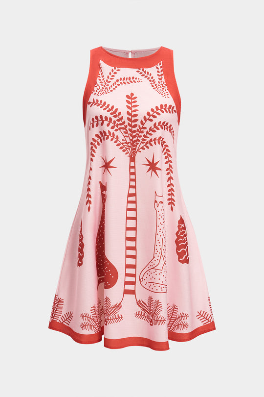 Bladeren Patroon Linnen Mouwloos Mini Jurk