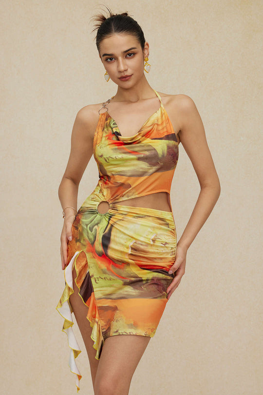 Abstracte Print Halter Cowl Neck Split Mini Jurk