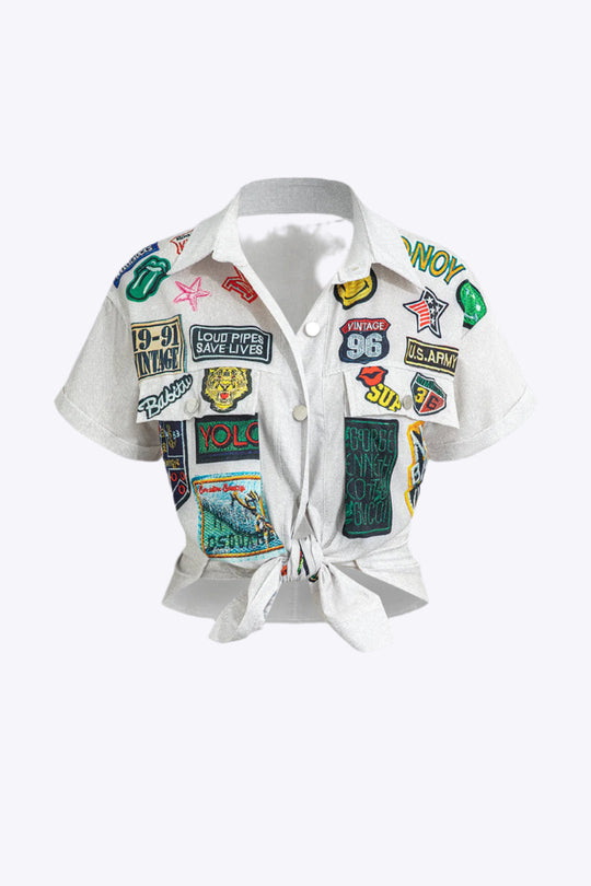 Yelena - Trendy Knoop Voorkant Gedrukt Dames Cropped Shirt