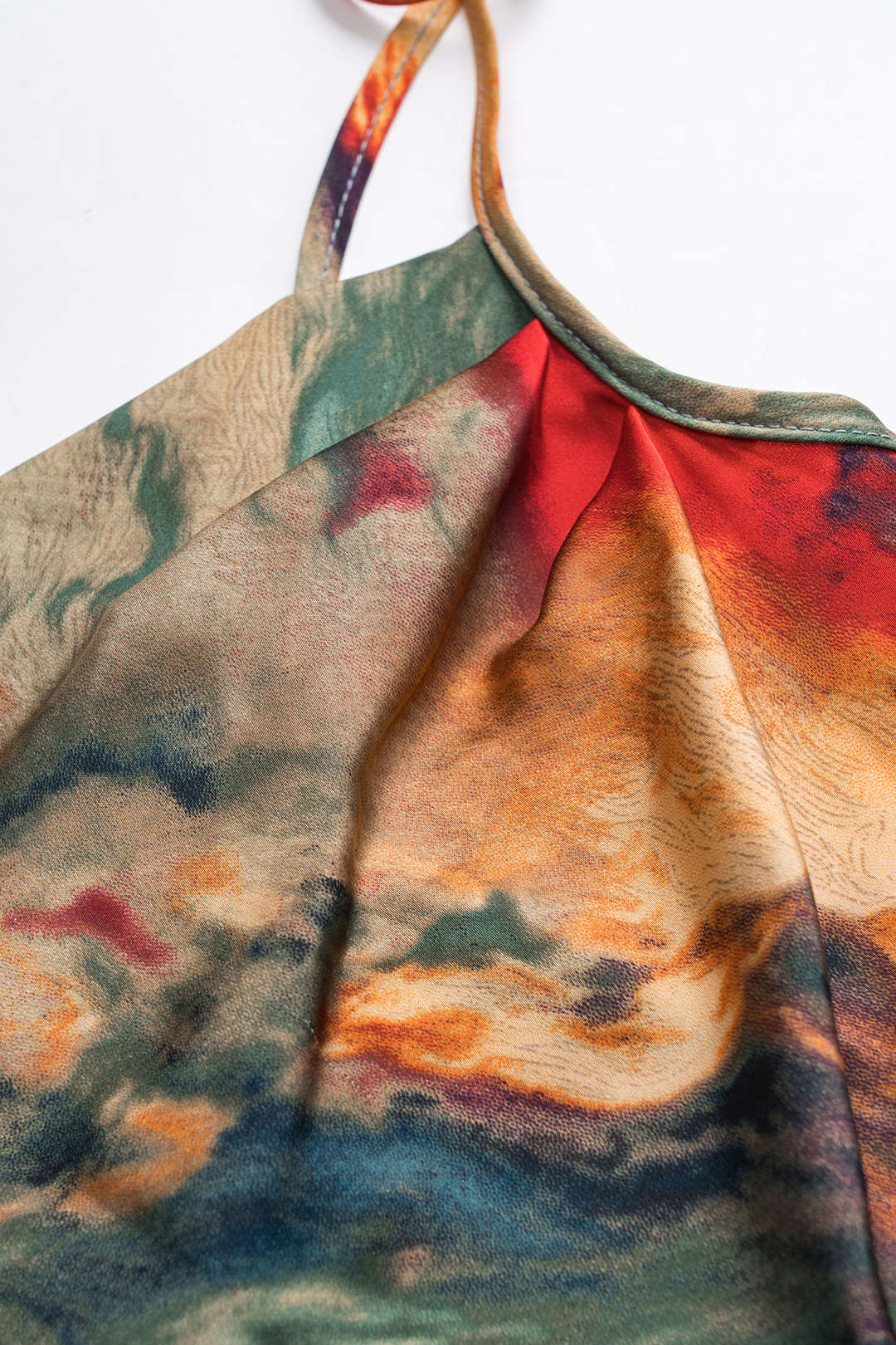 Aquarel Print Satijnen Rimpel Drawstring Slip Mini Jurk