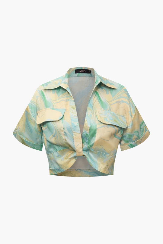 Wilderose - Elegante Marmerprint Dames Crop Shirt