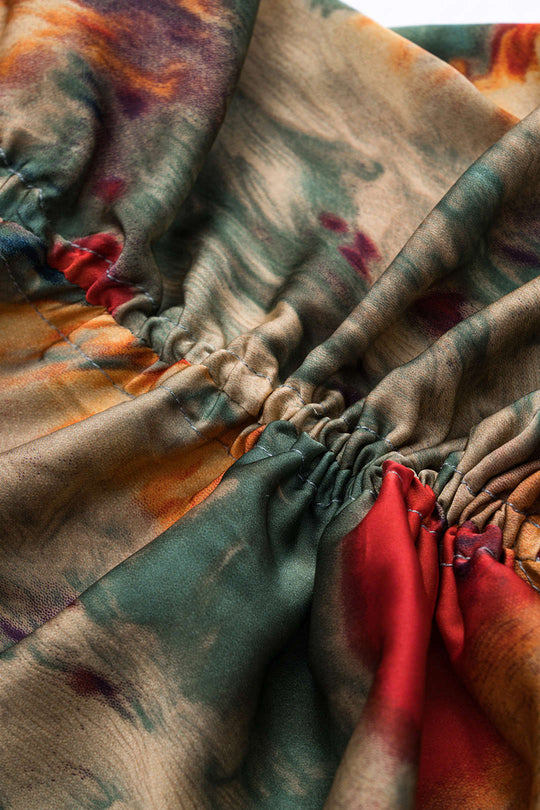 Aquarel Print Satijnen Rimpel Drawstring Slip Mini Jurk