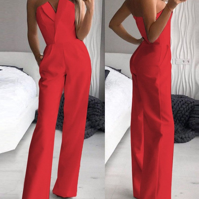 Vrouwen Strapless Wijde Pijpen Jumpsuit met Elegante Pasvorm en Zakjes