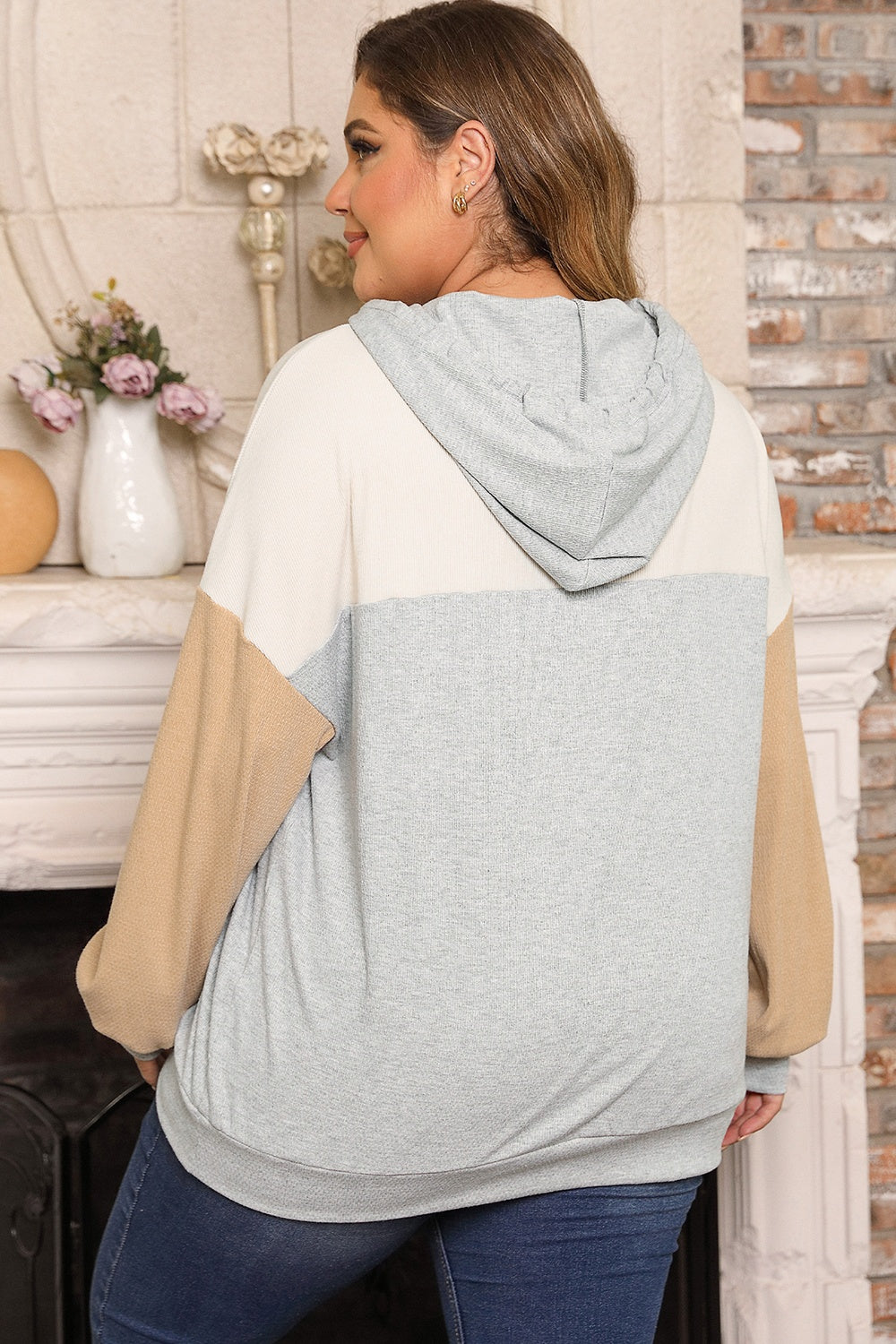 Plus Size Kleurblok Trekkoord Lange Mouwen Hoodie | Casual & Comfortabel