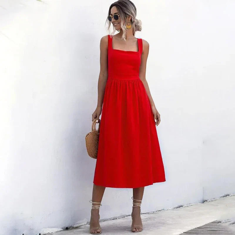 Zomer Midi Jurk met Vierkante Hals