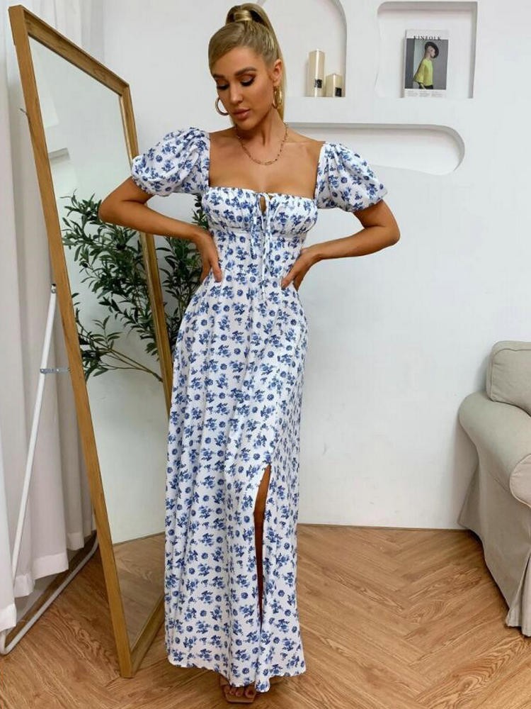 Bloemen midi-jurk met puffmouwen