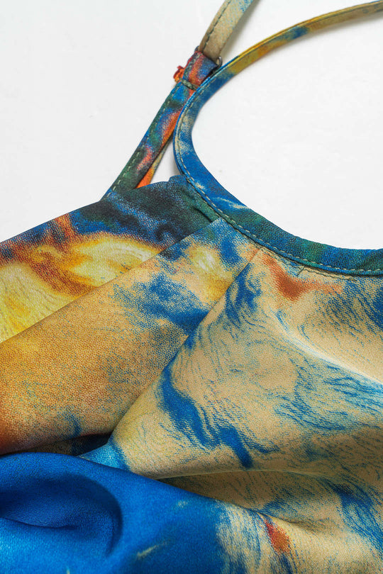 Aquarel Print Satijnen Rimpel Drawstring Slip Mini Jurk