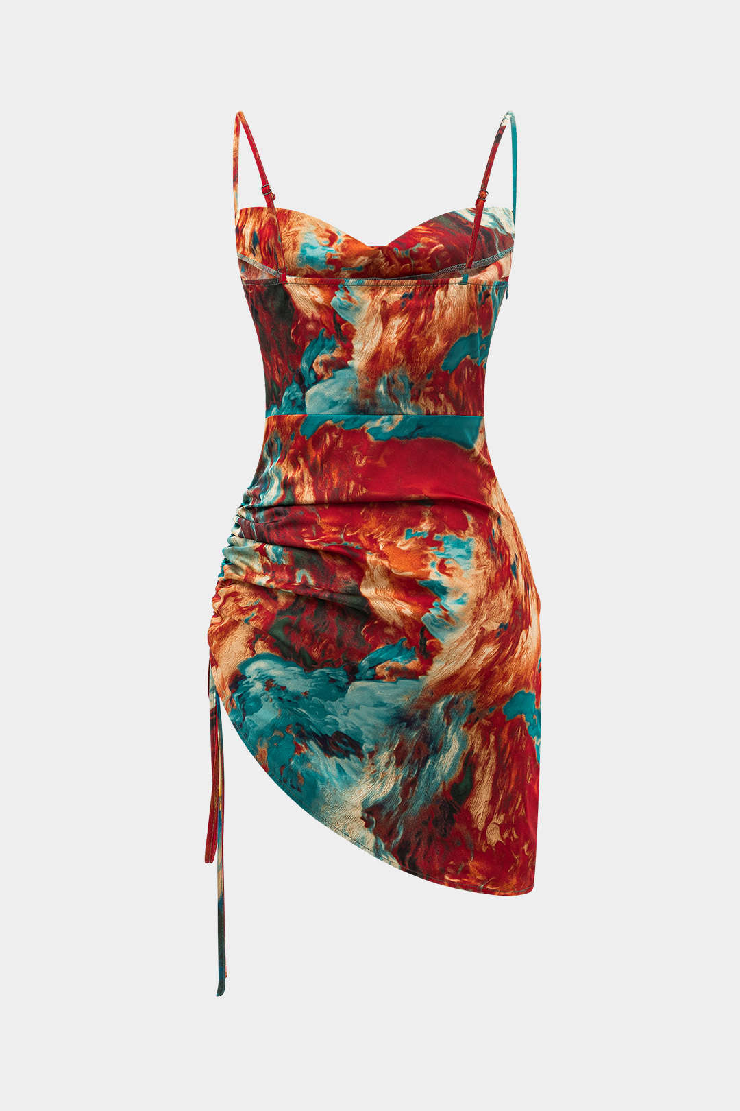 Aquarel Print Satijnen Rimpel Drawstring Slip Mini Jurk