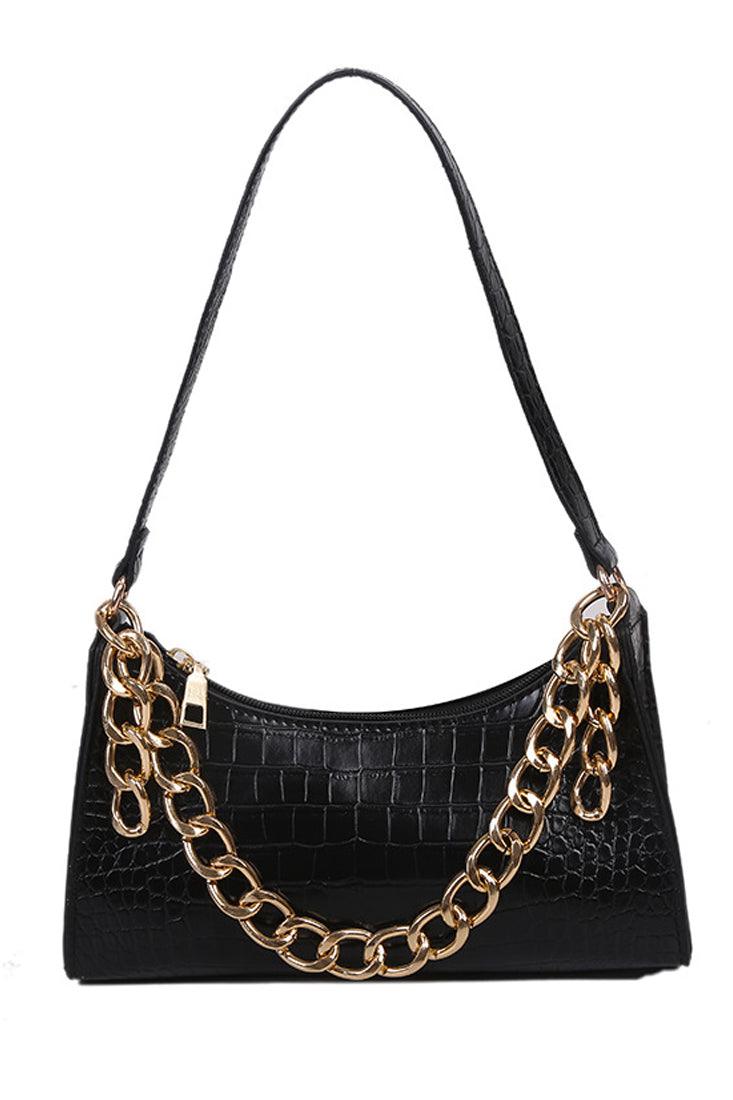 Zwarte Gouden Kettingriem Krokodillenprint Handtas