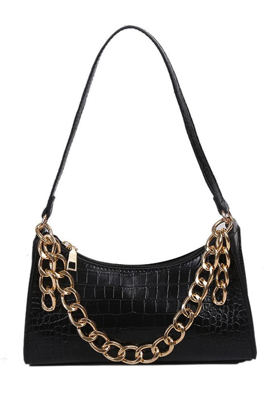 Zwarte Gouden Kettingriem Krokodillenprint Handtas