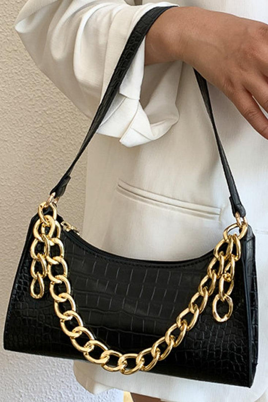 Zwarte Gouden Kettingriem Krokodillenprint Handtas