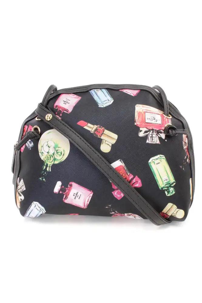 Zwarte Parfumprint Mini Nepleren Handtas – Elegant met een Knipoog