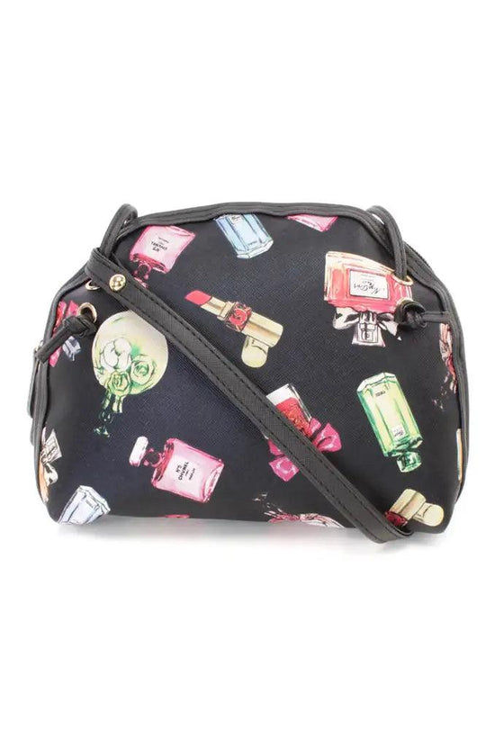 Zwarte Parfumprint Mini Nepleren Handtas – Elegant met een Knipoog