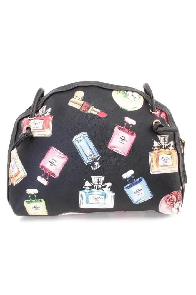Zwarte Parfumprint Mini Nepleren Handtas – Elegant met een Knipoog