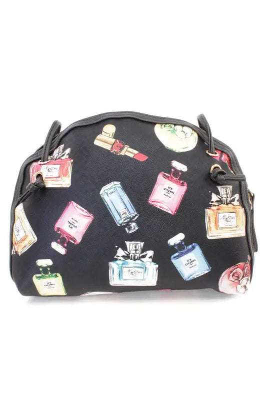 Zwarte Parfumprint Mini Nepleren Handtas – Elegant met een Knipoog