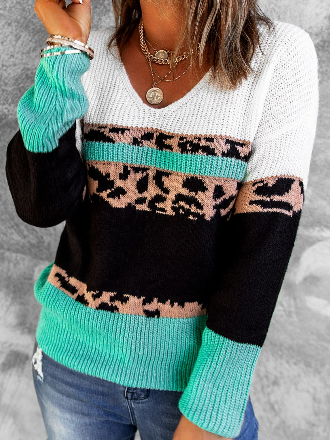 Luipaard Kleurblok V-Hals Ribbelsweater | Lange Mouwen | Casual Gezellige Trui
