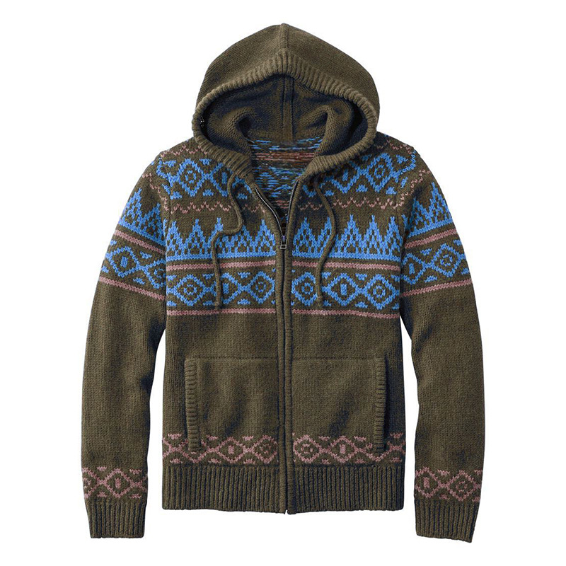 Heren Gebreide Zip Hoodie Cardigan met Noors Patroonontwerp