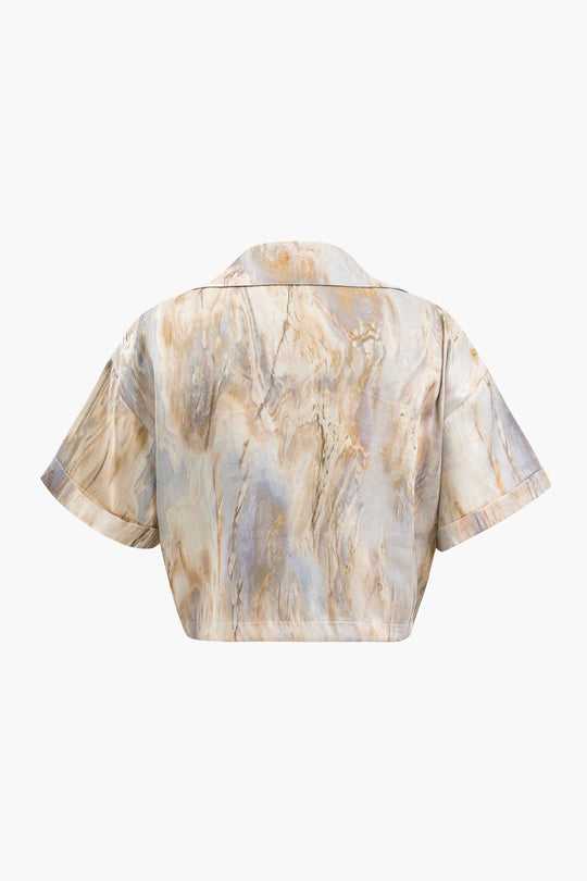 Wilderose - Elegante Marmerprint Dames Crop Shirt