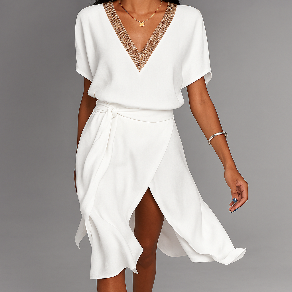 Zwevende jurk met een omslagrok en versierde halslijn