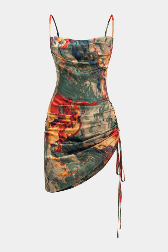 Aquarel Print Satijnen Rimpel Drawstring Slip Mini Jurk