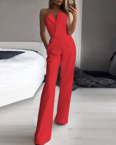 Vrouwen Strapless Wijde Pijpen Jumpsuit met Elegante Pasvorm en Zakjes
