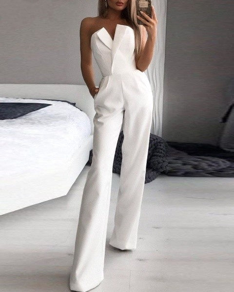 Vrouwen Strapless Wijde Pijpen Jumpsuit met Elegante Pasvorm en Zakjes