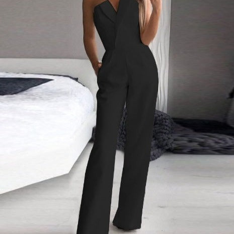 Vrouwen Strapless Wijde Pijpen Jumpsuit met Elegante Pasvorm en Zakjes