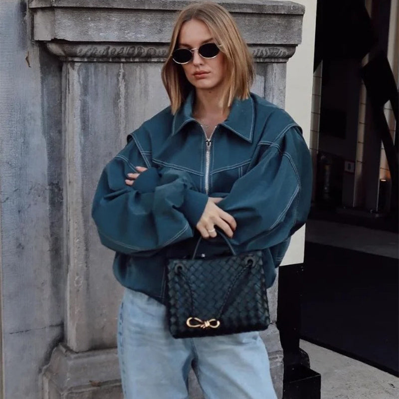 Dames Oversized Bomberjack | PU Leer met Contrasterende Stiksels | Jas met Rits en Voering