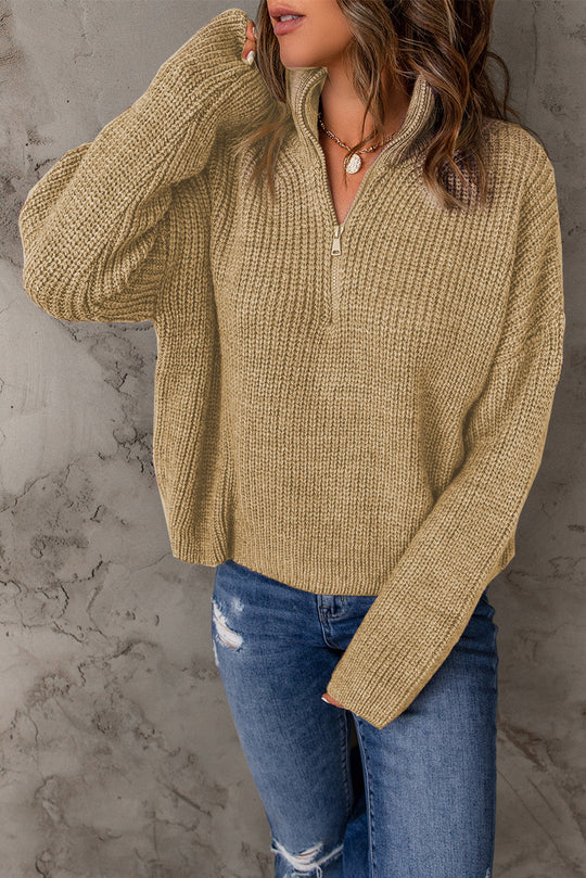 Dames Half Zip Rib-Knit Trui | Verlaagde Schouder | Hoge Hals
