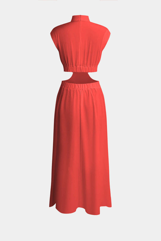 Mock Neck Cut Out Plissé Maxi Jurk