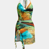 Abstracte Print Halter Cowl Neck Split Mini Jurk