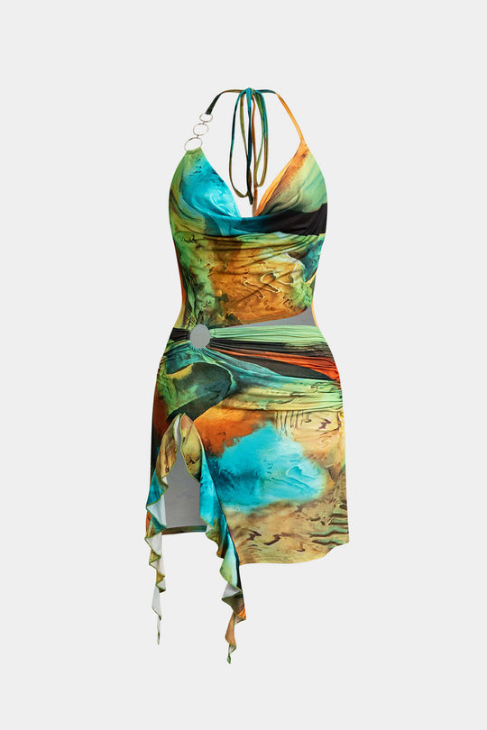 Abstracte Print Halter Cowl Neck Split Mini Jurk