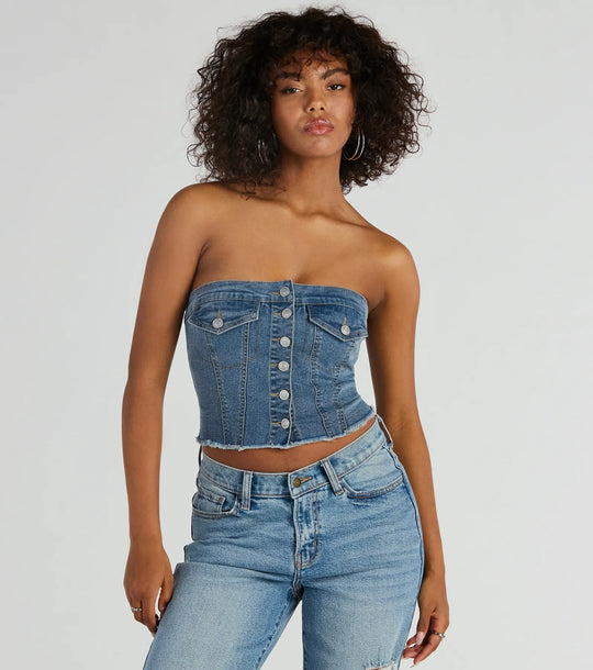 Houd het Chill Strapless Denim Crop Top