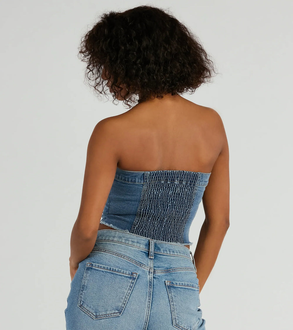 Houd het Chill Strapless Denim Crop Top