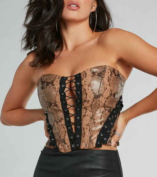 Slangenhuid Strakke Lace-Up Neppellederen Korset Top