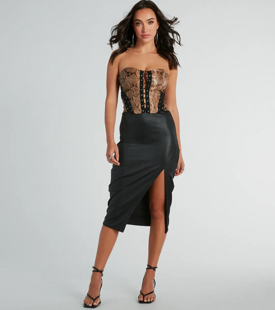 Slangenhuid Strakke Lace-Up Neppellederen Korset Top