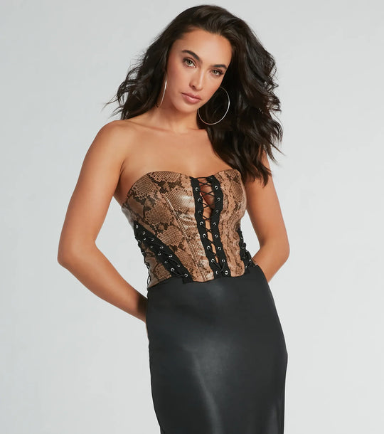 Slangenhuid Strakke Lace-Up Neppellederen Korset Top