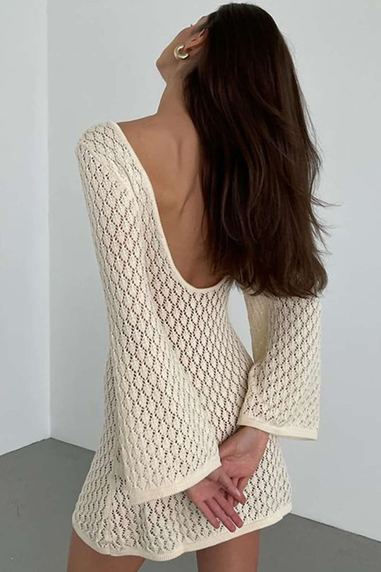 Gebreid Cut Out Rugloze Lange Mouw Mini Jurk