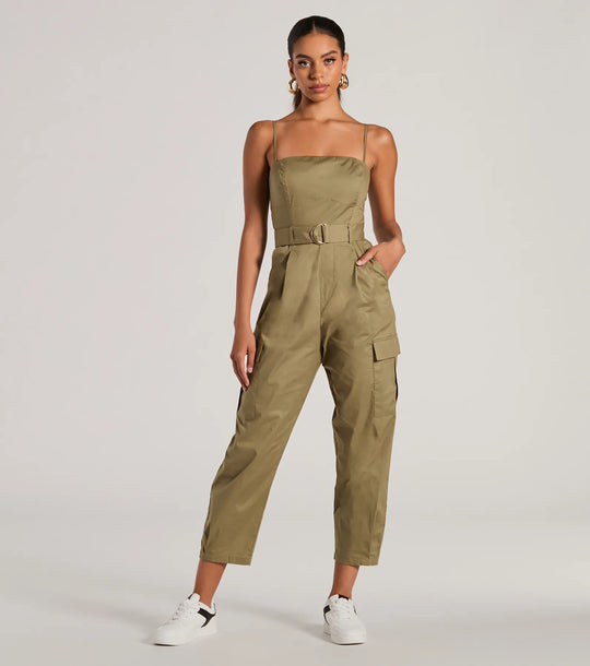 Social Outing Mouwloze Geknoopte Cargo Crop Jumpsuit