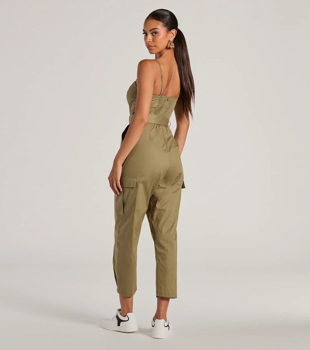 Social Outing Mouwloze Geknoopte Cargo Crop Jumpsuit