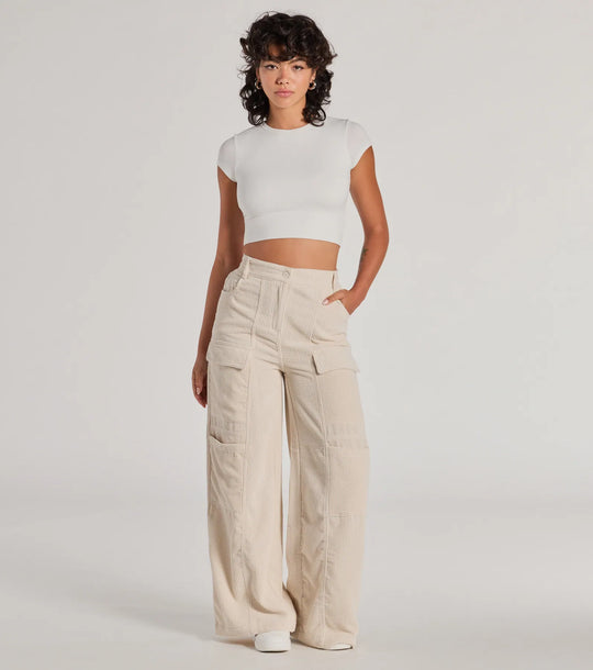 Essentiële Hoge Taille Corduroy Wijde Cargo Broek