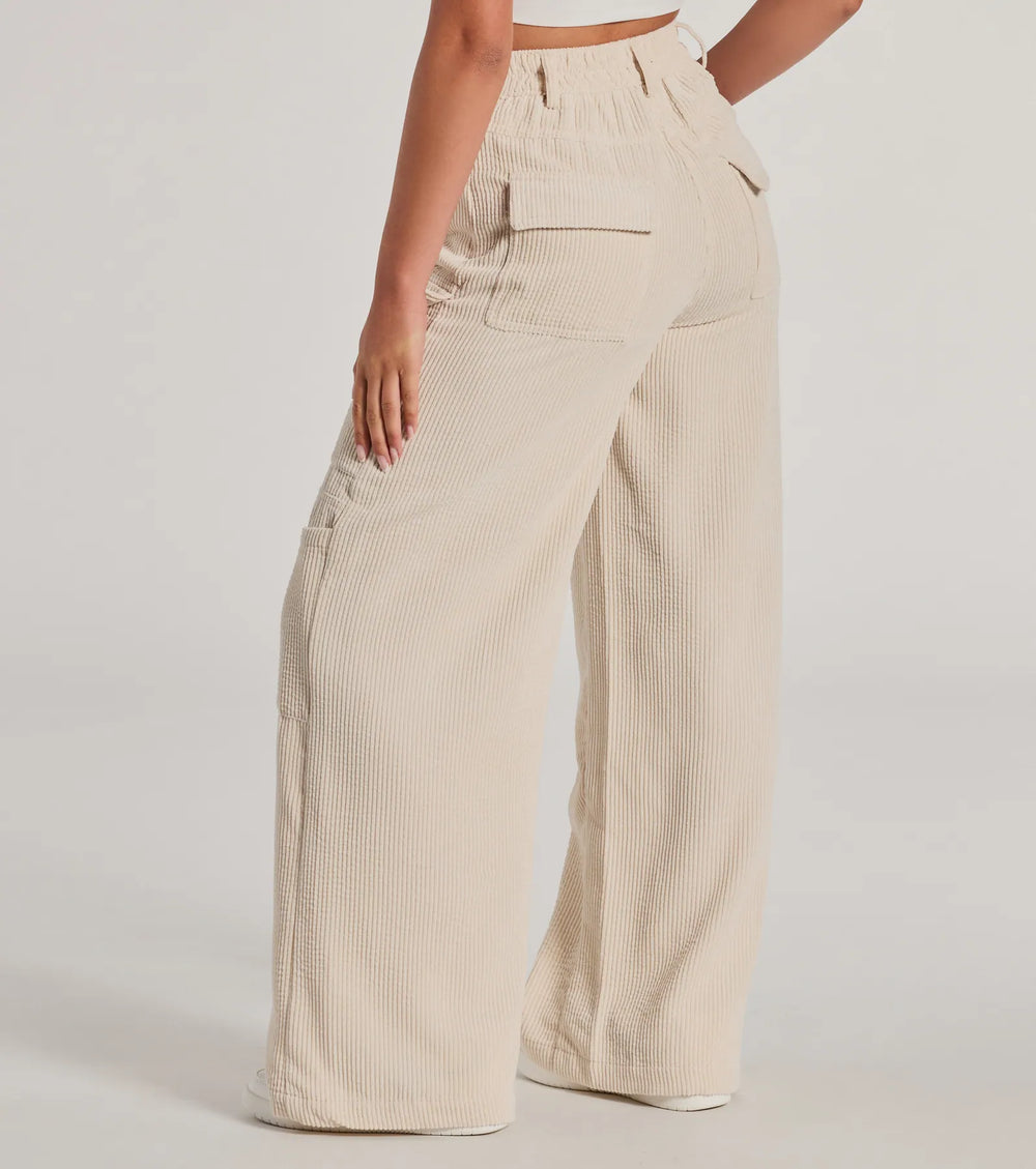 Essentiële Hoge Taille Corduroy Wijde Cargo Broek